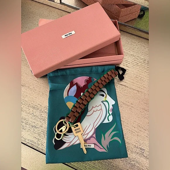 Miu Miu Leather Keychain Trick in Cognac/Mango Braided With Snap-Hook Logo - Picture 10 of 15